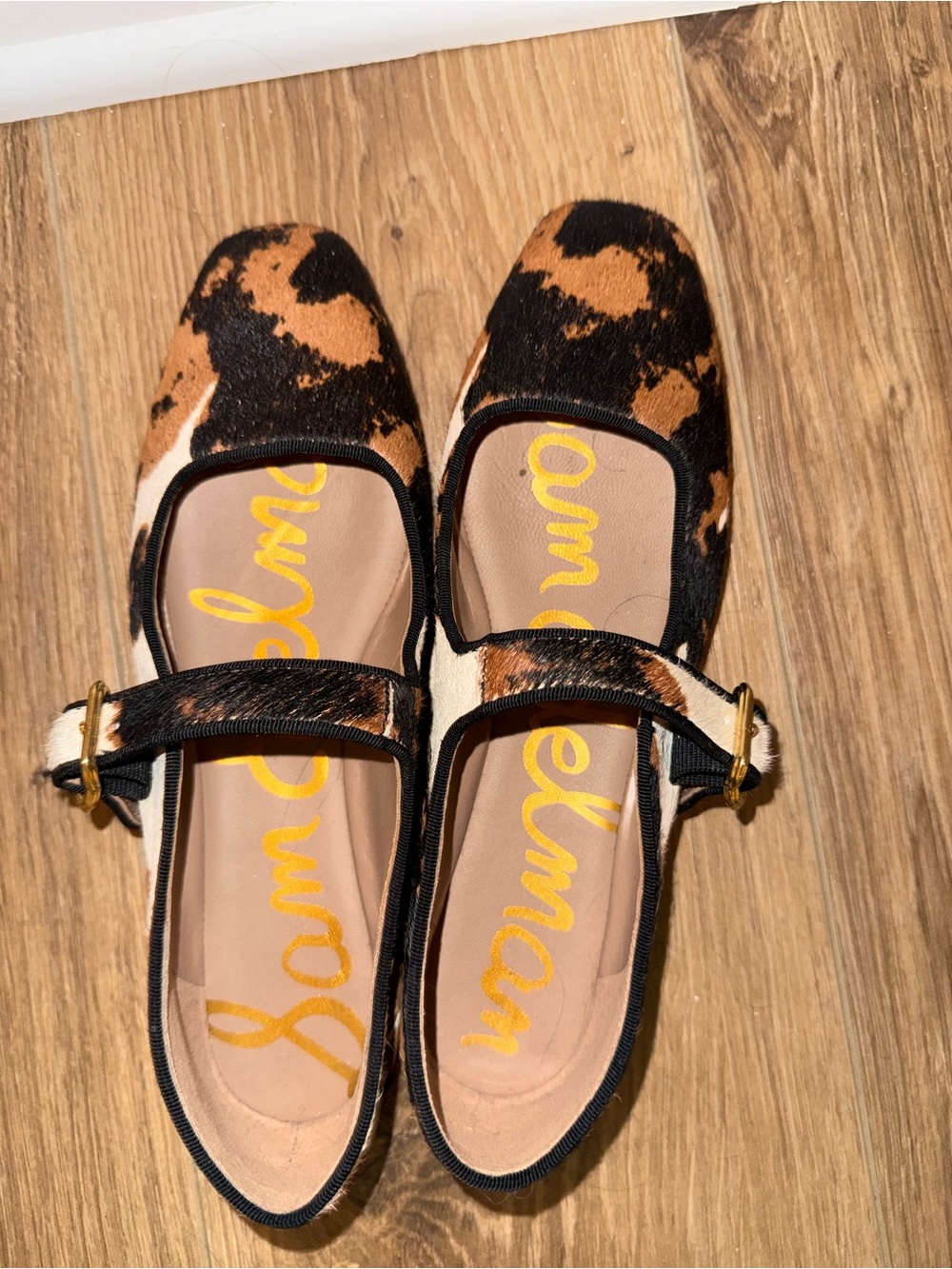 Sam Edelman Black and Brown Cowhide Mary Jane Flats
